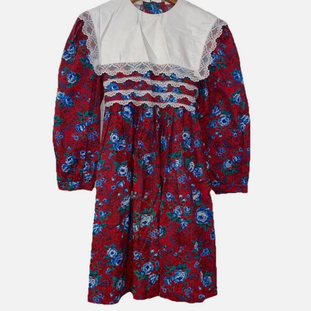 Vintage Polly Flinders Girls Dress Size 14 Red w/Blue Roses Lace & Collar